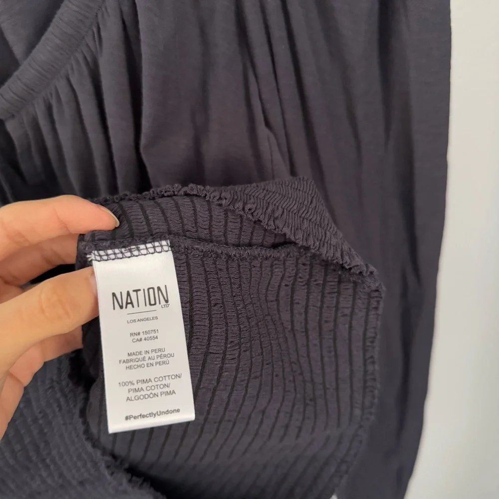 Nation LTD XS Mavis Smock Peasant Top Navy Pima Cotton Milkmaid Fitted Boho